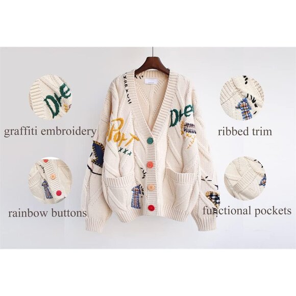 Women's Cable Knit Cardigan Cozy Embroidered Sweater Coat Long Sleeve - Picture 3 of 6